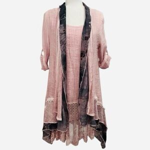 Kamana Boho Layered Tunic & Open Front Cardigan Set Pink Lace Lagenlook Small